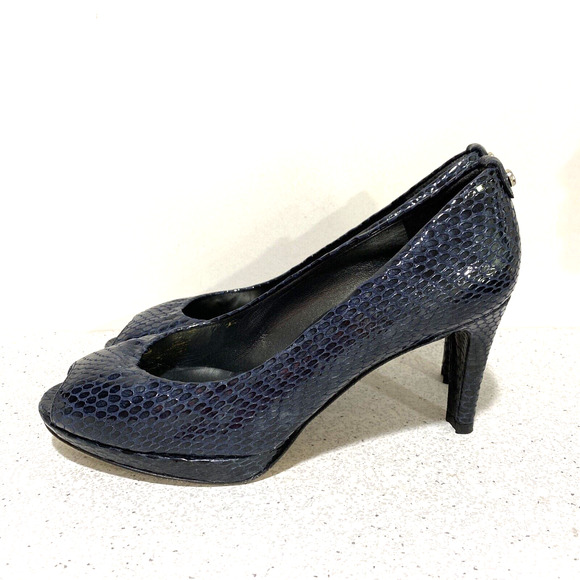 Stuart Weitzman Plainfield Platform Pumps 9N Sea Blue Snakeskin Leather Open Toe - Picture 3 of 11